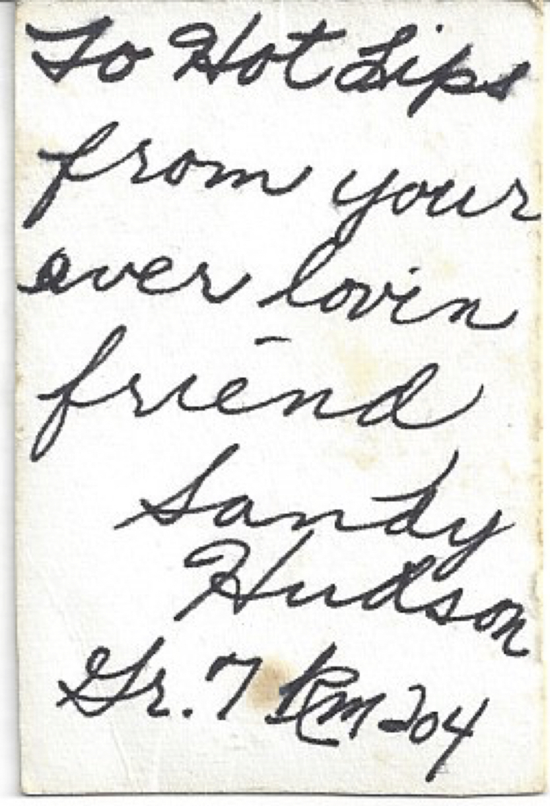 Rear Inscription on Sandy Hudson Picture Given to Beth Hutchinson