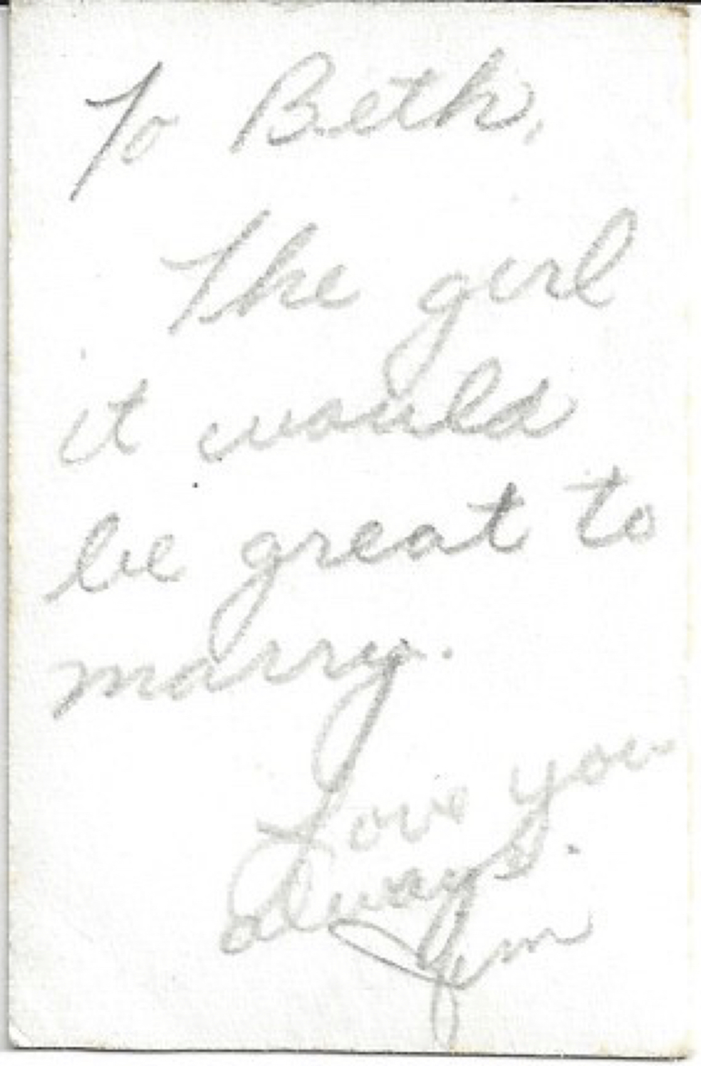 Rear Inscription on Jim Pikul Picture Given to Beth Hutchinson